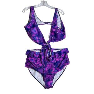 Two-Piece Bikini Set | Size XL | Purple Floral Tropical Print #4212-2